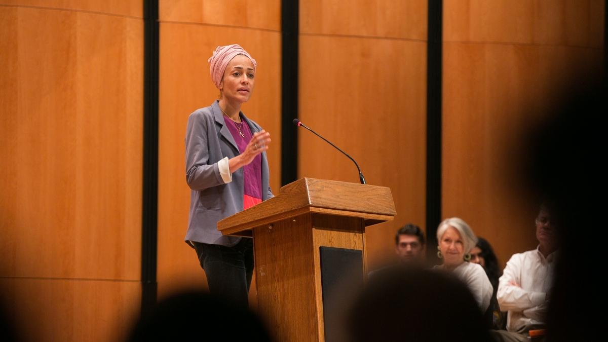 Zadie Smith speaks in the Ruth Taylor Recital Hall